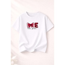 Herkesemoda Love Baskı Detaylı Kadın Bisiklet Yaka Pamuklu T-shirt Beyaz