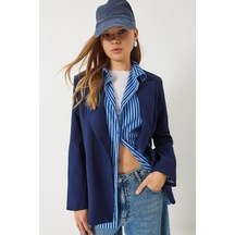 Kadın Vatkalı Astarı Çizgili Çilek Kumaş Blazer Ceket 50178 60283002 - Lacivert