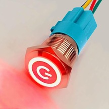 16mm Kırmızı Power Sembol Ledli Kablolu Push Tip Metal Button Panel Montaj Düz Kafa No Nc Dc Dv