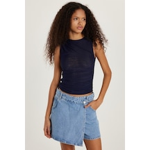 Tudors Kadın Slim Fit Sıfır Kol Düz Bisiklet Yaka Lacivert Bluz-34071 Lacivert