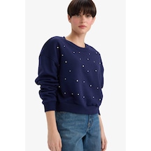 Defacto Boxy Fit Bisiklet Yaka İşlemeli Kalın Sweatshirt G2153ax25wnnv28 Lacivert