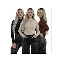 Hashtag Kadın Balıkçı Yaka Uzun Kollu Body 3'lü Set Viskon Kumaş Kahverengi Bej Siyah