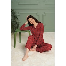 Over Sleep By Poleren Over Sleep Kadın Pijama Takımı Pamuklu Uzun Kol Boydan Düğmeli Kırmızı