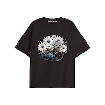 Kalic Studio Kadın Çiçek Özel Baskılı Renkli Oversize Penye Pamuklu Bisiklet Yaka T-shirt Siyah-34