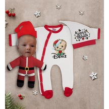 Bk Kids Bk Gift Kişiye Özel Yılbaşı Temalı Tulum Zıbın Kukuletalı Şapka Ve Bebek Yastık Hediye Seti-4 Çok Renkli