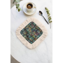 Mozaik Patchwork Püsküllü Sunum Peçetesi - Etnik Sofra Yeşil Mavi Bardak Altlığı Mendil Canlı Sisli Şampanya