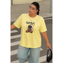 Büyük Beden Nasa Ayıcık Baskılı Unisex Tişört Sarı