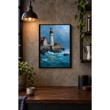 Kayalık Kıyıda Deniz Feneri Desenli Dekoratif Mdf Tablo, Çerçeve Görünümlü Ahşap Poster