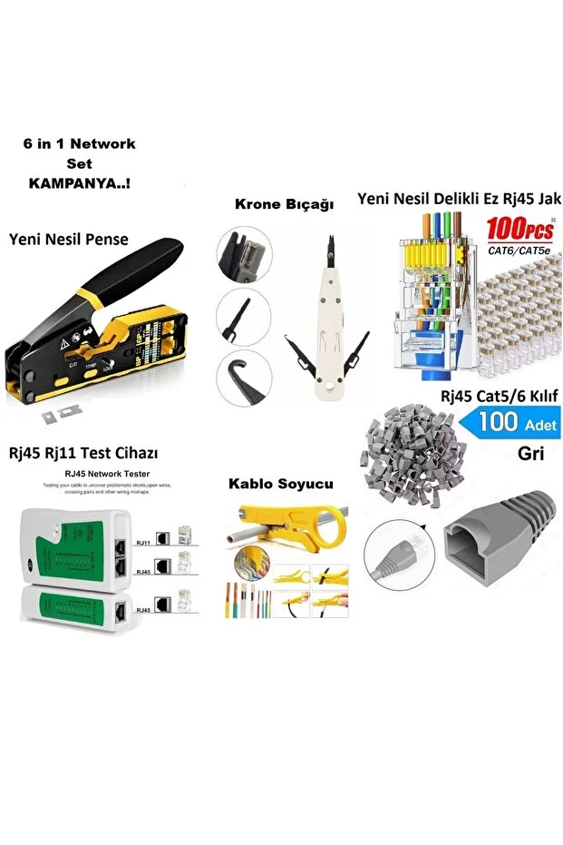 Yeni Nesil Cat5/6/7 Rj45 Pense - Tester Cihazı 100 Adet Jak Krone Bıçağı Kablo Soyucu 100 Adet Cover Network Aksesuar