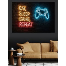 Ahşap Tablo Eat Sleep Game Repeat Neon Yazı