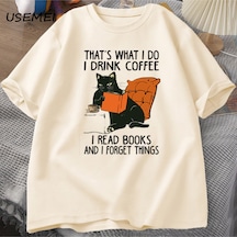 Flood Of Style Kadınlar İçin Sevimli Kedi T-shirt Erkekler Kitaplar Kahve Kedi Baskı T-shirt Komik Tasarımcı Haki