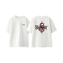 Thewert Slipknot Rock Müzik 7 Tasarım Sırt Baskılı Pamuk Beyaz Oversize T-shirt
