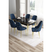 Canisa Concept Tia Serisi 80x132 Mdf Açılabilir Siyah Mermer Desen Gold Detay Masa Takımı Ve 6 Lacivert Sandalye Masa Siyah Mermer Desen Sandalye Lacivert