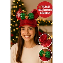 Kırmızı Payetli Yılbaşı Şapkası Yeşil Fiyonklu, Geyik Figürlü, Her Yaşa Uygun Parti Aksesuarı
