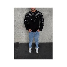 Erkek 3 İplik Pamuklu Yıldırım Baskılı Bisiklet Yaka Sweatshirt - Siyah