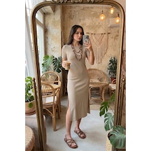 Lela Regular Fit Bisiklet Yaka Yırtmaç Detaylı Midi Bayan Elbise 5866165 Taş