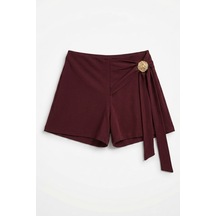 Feg Store Kadın Bordo Gold Tokalı Bağlamalı Tencel Şort