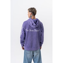 Respire Erkek Far From Basic Baskılı Yıkamalı Kapüşonlu Oversize Hoodie Mor