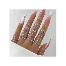 Style Gümüş 28 Parça Tasarım Silver Taşlı Çoklu Yüzük Seti - 14 Şubat Sevgililer Günü Hediyesi