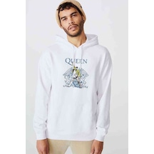 Queen Baskılı Beyaz Erkek Örme Kapşonlu Sweatshirt