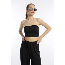 Quhox Kadın Allegro Kumaş Askısız Crop Top Siyah
