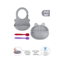 3'lü Silikon Beslenme Seti Bpa Free, Silikon Mama Önlüğü + Vakumlu 3 Gözlü Tabak + 2 Adet Kaşık
