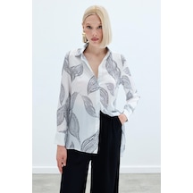 Sateen Arkası Uzun Desenli Gömlek - Ekru-136236 Ekru
