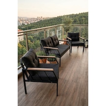 Metal Bahçe Balkon Oturma Grubu 2+1+1 Set - Ahşap Kollu Lüks Teras Çay Seti - Antrasit Gri