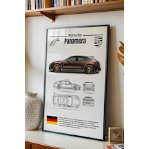 Porsche Panamera Tablo - Teknik Özellikli Lüks Sedan Poster - Çerçeveli Duvar Dekoru - Blueprint Siyah