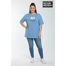 Superlife Kadın Büyük Beden Ny New York Baskılı 3xl-6xl Bisiklet Yaka Tshırt Spr26btsk510-15 Mavi