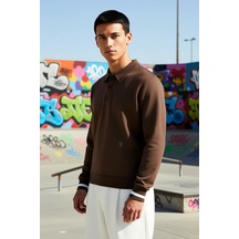 Benerly Erkek Polo Yaka Düğmeli Regular Kalıp Uzun Kollu Sweatshirt Fonks Kahverengi