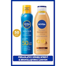 Sun Spf50 Güneş Koruyucu Ferahlatıcı Sprey 200ml Ve Q10 Sıkılaştırıcı Bronzluk Vücut Losyonu 250ml