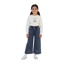 Erdem Kıds Kız Çocuk Bayramlık Günlük - Casual Geniş-bol Paça Palazzo Kot Pantolon-sweatshirt İkili Takım Beyaz - Mavi Beyaz - Mavi