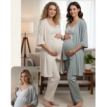 Bone Club Keten Penye Hamile Lohusa 3'lü Pijama Sabahlık Takım Yeşil