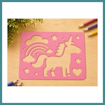Bezos 3d Baskı Unicorn Ve Gökkuşağı Çizim Şablonu - Desen Kalıbı - Pembe Mac