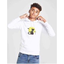 Tshirthane Cat On The Moon Baskılı Unisex Çocuk Kapüşonlu Beyaz Sweatshirt Beyaz