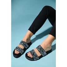 Luvishoes James Siyah Taşlı Çift Bantlı Hakiki Deri Kadın Terlik Siyah