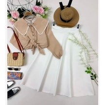 Lovie Moda Kadın Yaka İşlemeli Etekli Takım Bej