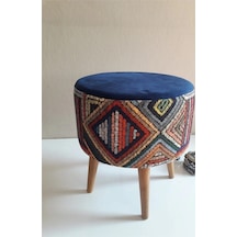 Retro Gürgen Ahşap Ayaklı Dekoratif Etnik Üst Lacivert Desenli Silindir Puf Bench