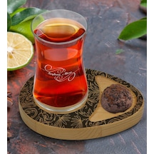 Kişiye Özel Retro Motif Tasarımlı Doğal Ahşap Tabaklı Heybeli Çay Bardağı Sunum Seti Model 16