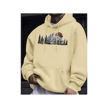 Herkesemoda Dağ Baskı Detaylı İçi Polarlı Kapüşonlu Sweatshirt Bej
