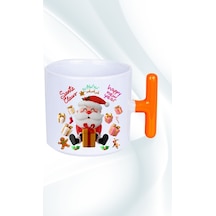 Noel Baba Happy Christmas Baskılı T Saplı Kupa Bardak Porselen Çay Kahve Fincanı Turuncu