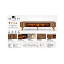 Tera Elektrikli Şömineli Tv Ünitesi 160 Cm Ceviz Gold Metal Ayaklı Modern Tv Sehpası