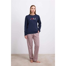 Aria's Closet Arias Closet %100 Pamuklu Uzun Kol Sweatshirt Ve Ekose Pantolon Pijama Takımı Lacivert