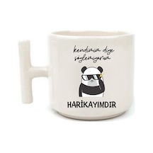 Panda Motto Söz Beyaz Rengi Eğlenceli Yazılı Esprili Özel Tasarım El Yapımı T Kulplu Fincan