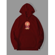 Harmandar Üç İplik Samuray Kedi Baskılı Unisex Kırmızı Kanguru Cepli Kapüşonlu Sweatshirt Hoodie Samuraycatkirmizisweat