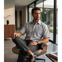 Eren Style Linen Keten Klasik %100 Cotton Kısa Kollu Terletmeyen Gömlek Gri