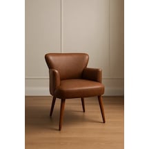 Waterybrook Tekli Berjer Koltuk - Suni Deri - Ceviz Ahşap Ayaklı - Modern Retro Tasarım - Ofis Ve Salon Koltuğu Acı Kahve