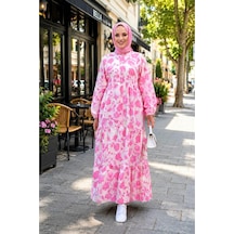 Hb Harma Time Butik Kadın Düğmeli Desenli Modal Kumaş Pembe Elbise Pembe Pembe