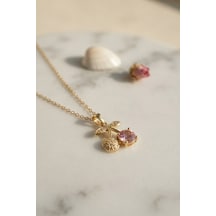 316l Çelik Zincir Gold Renk Pembe Kiraz Model Kolye Altın